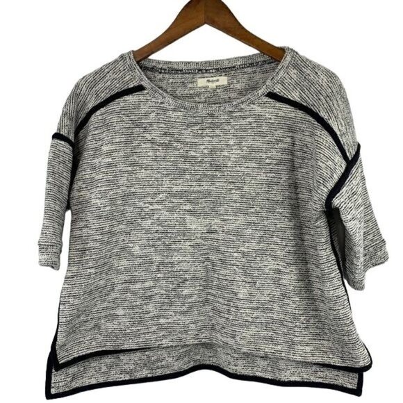 Madewell Sculpture Cropped Sweater Top - Grey Marled Cotton Blend, Sz Small - Picture 1 of 6
